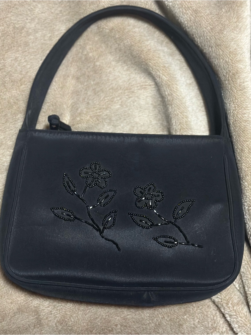 Black Beaded Floral Shoulder Bag
